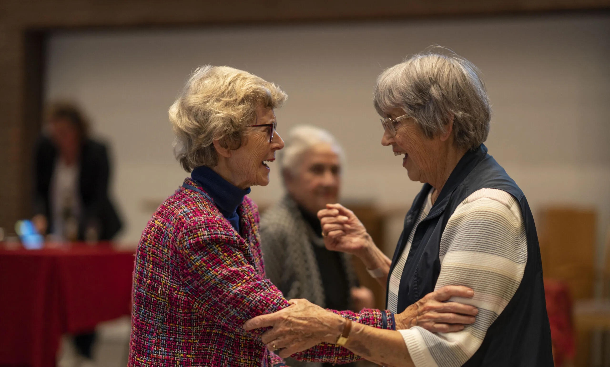 Twee oudere dames die elkaar begroeten en praten